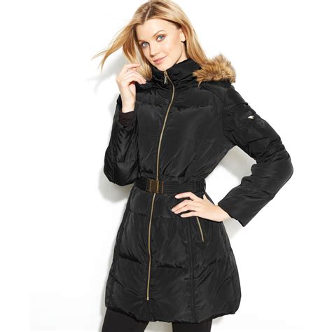 michael michael kors belted faux-fur collar down hooded down coat|michael michael kors hooded faux fur trim down puffer coat.